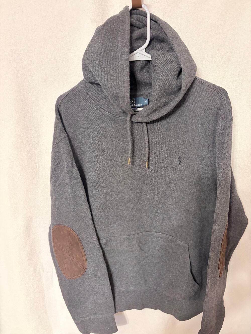 Vintage Polo Ralph Lauren Gray Elbow Patch Pullover Hoodie Mens XL